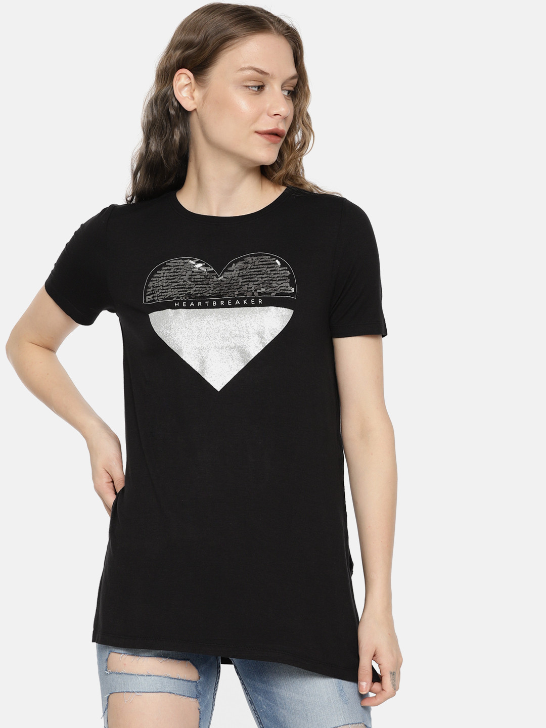 Buy ONLY Women Black Printed Round Neck Embellished T Shirt Tshirts