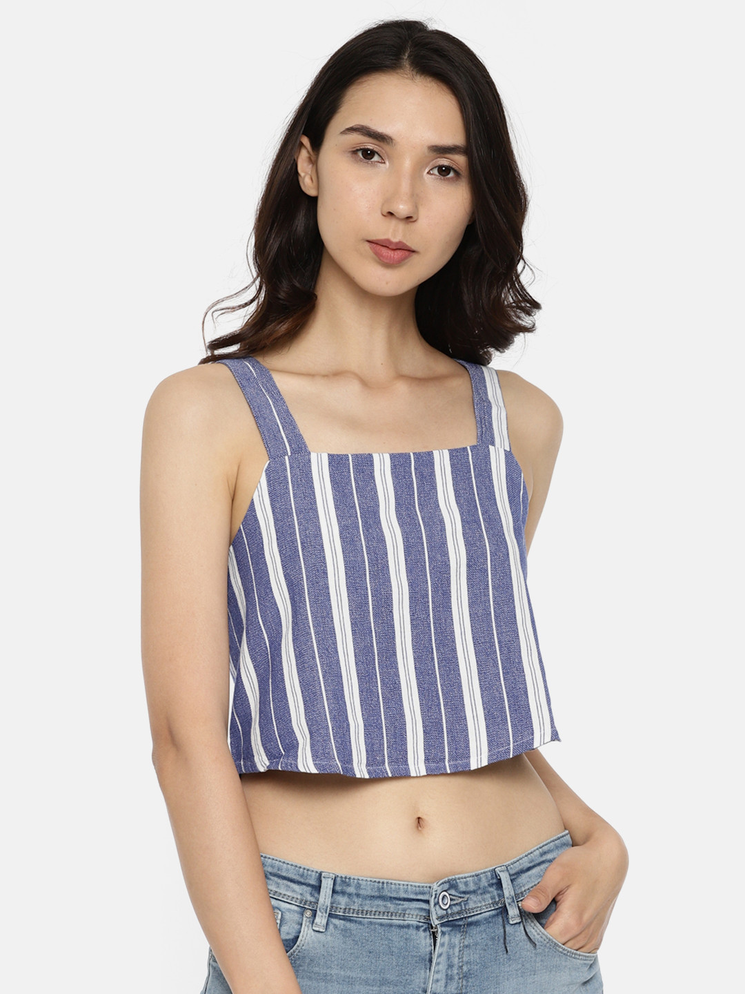 Buy ONLY Women Blue & White Striped Crop Top Tops for Women 4606940