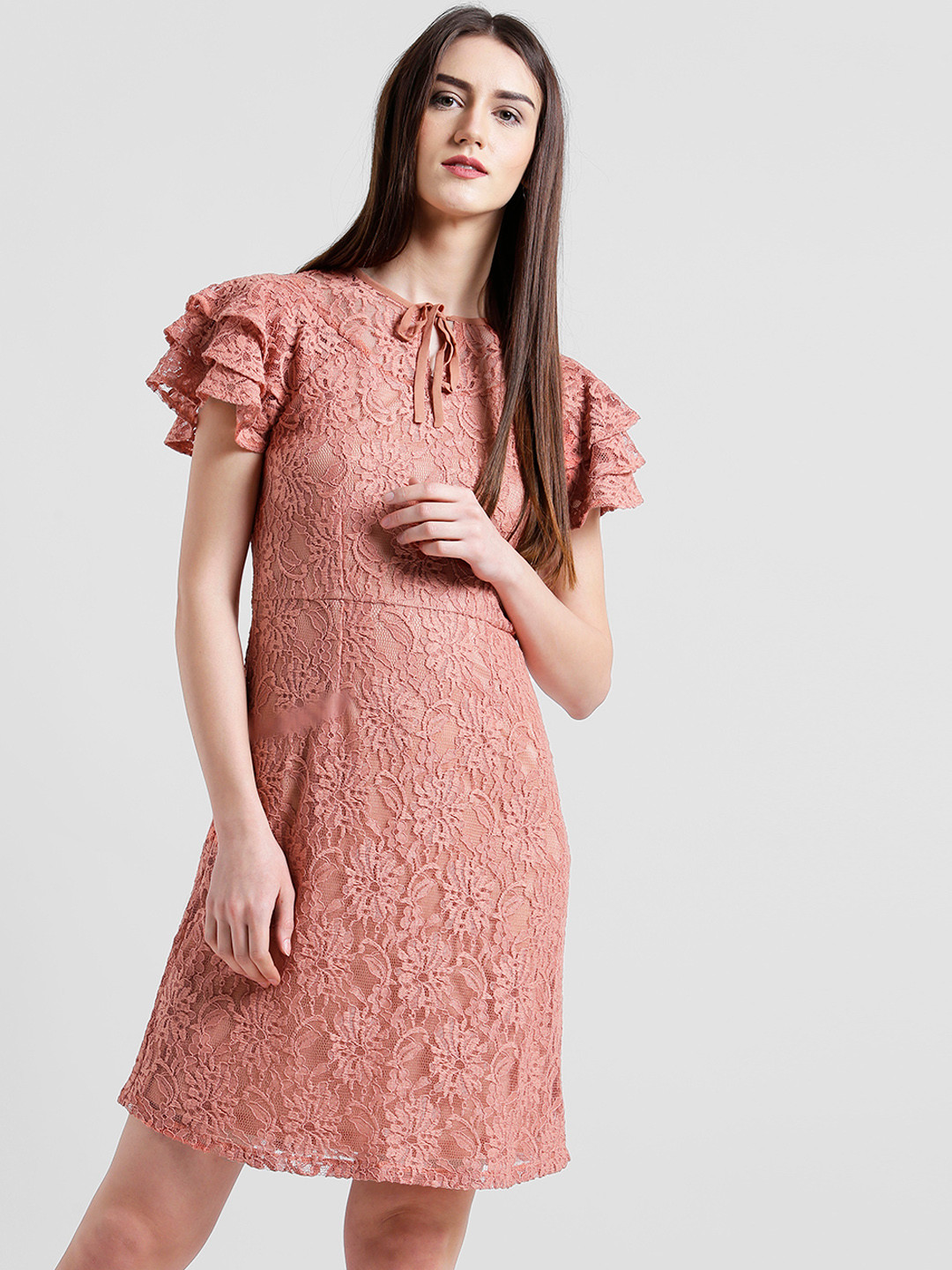 Buy Zink London Women Peach Coloured Lace Fit And Flare Dress Dresses