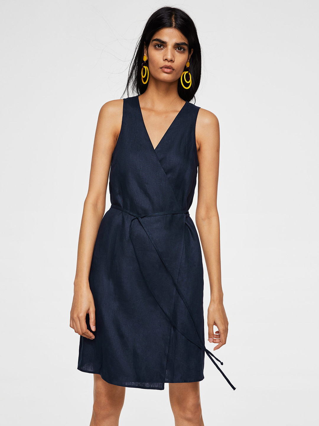 Buy MANGO Women Navy Blue Solid Linen Wrap Dress Dresses for Women