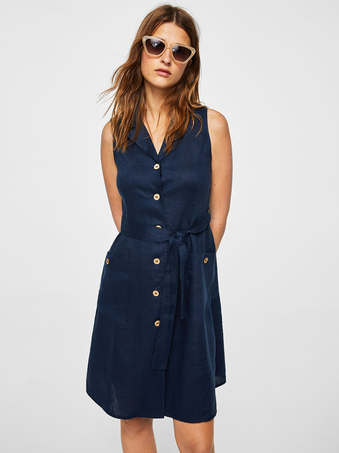 Buy MANGO Women Navy Blue Solid Linen Shirt Dress Dresses for Women