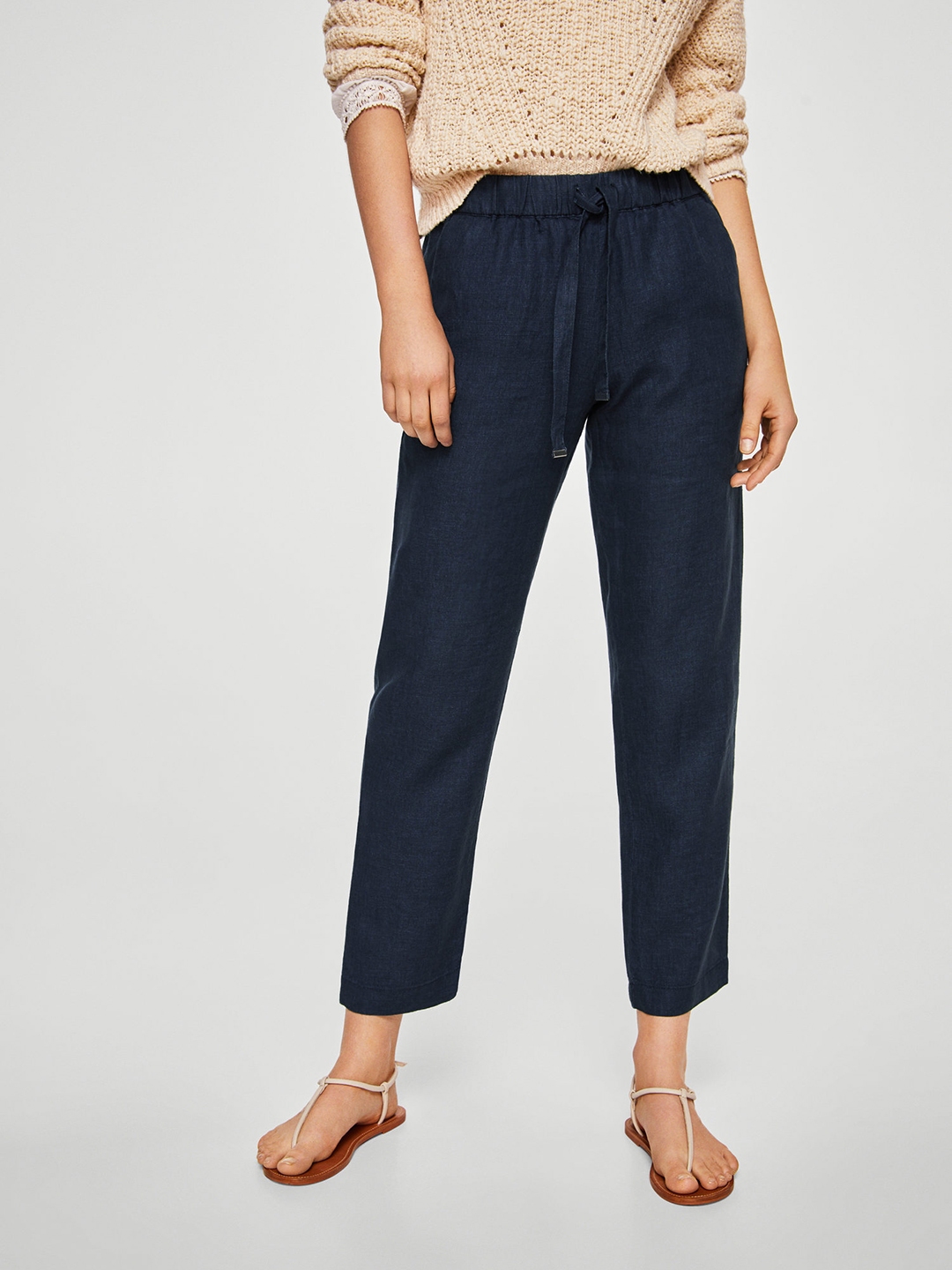 Buy MANGO Women Navy Regular Fit Linen Cropped Trousers - Trousers for ...