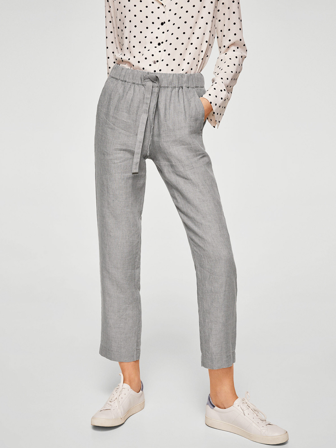 Buy MANGO Women Grey Regular Fit Solid Linen Trousers Trousers for