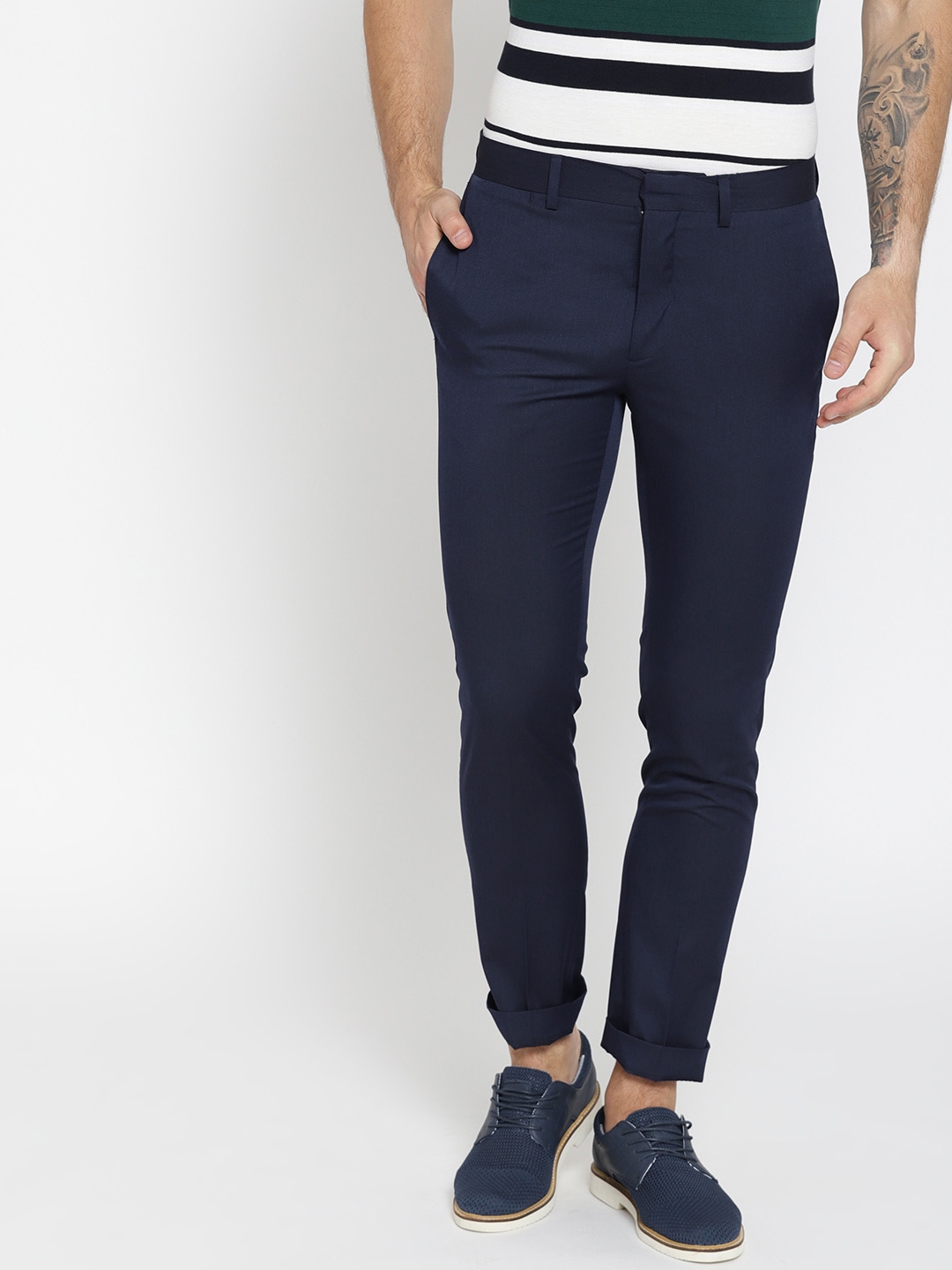 Buy MANGO MAN Navy Blue Super Slim Fit Solid Regular Trousers ...