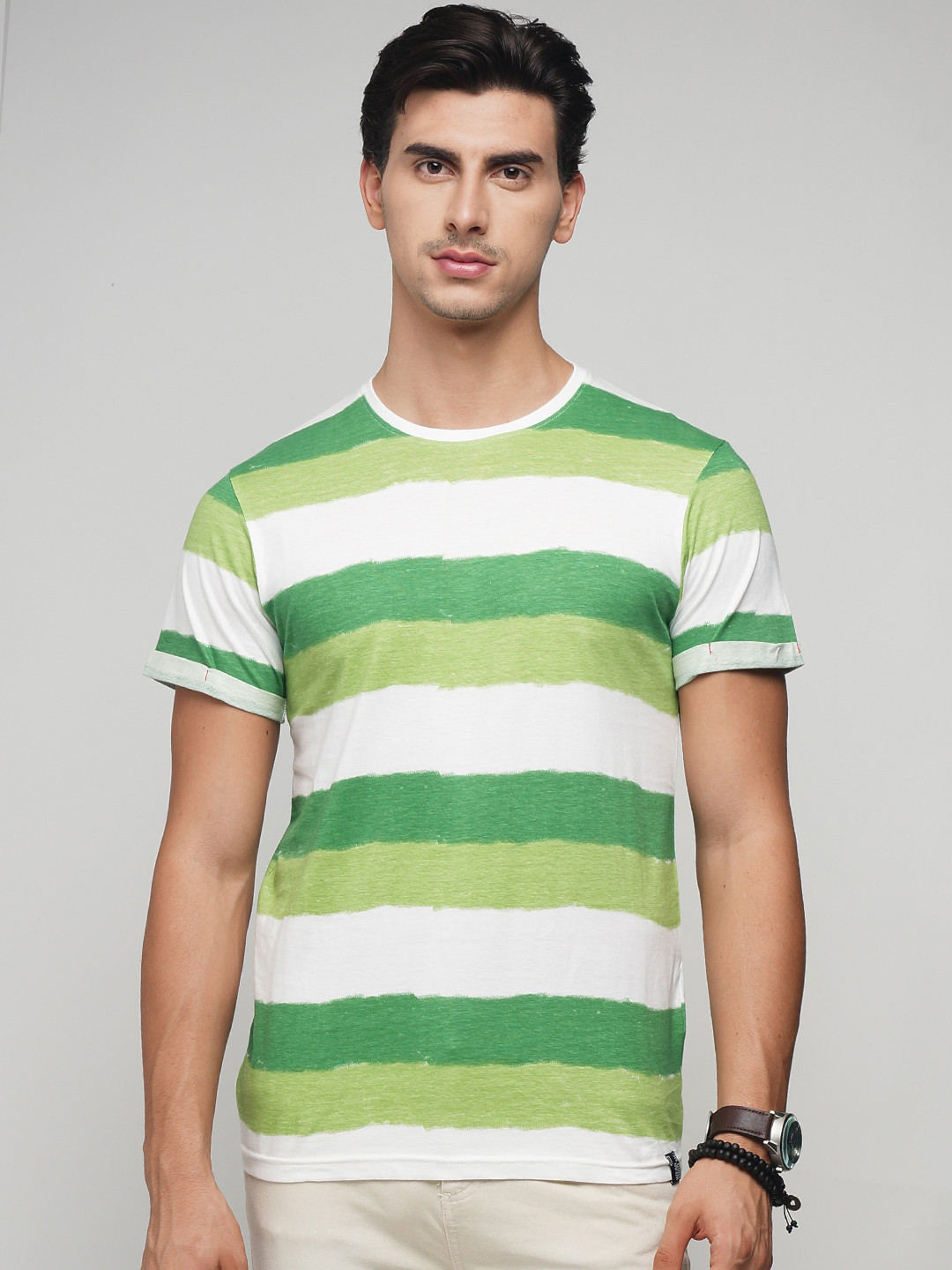 Buy INDICODE Men Green Striped Round Neck T Shirt Tshirts for Men
