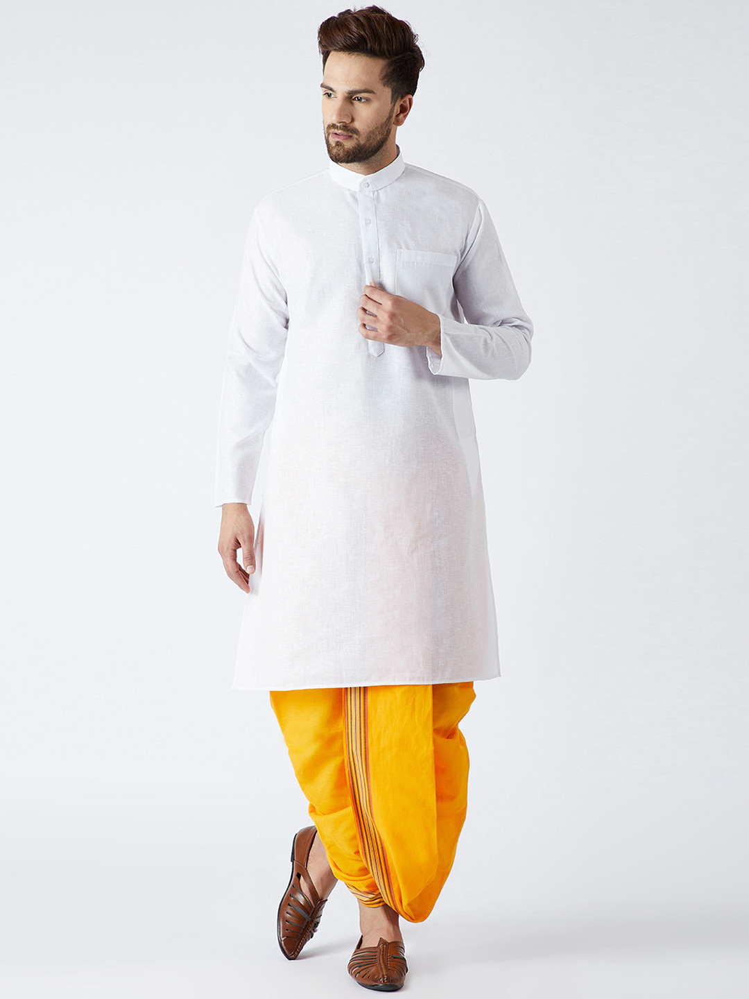 Yellow kurta and white dhoti set