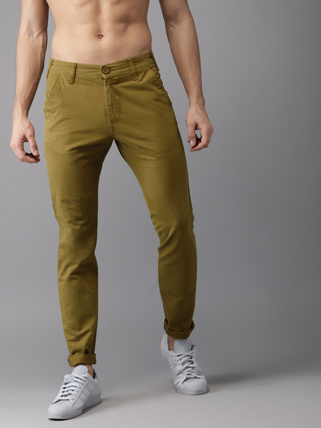 Buy HERE&NOW Men Olive Green Slim Fit Solid Chinos - Trousers for Men ...