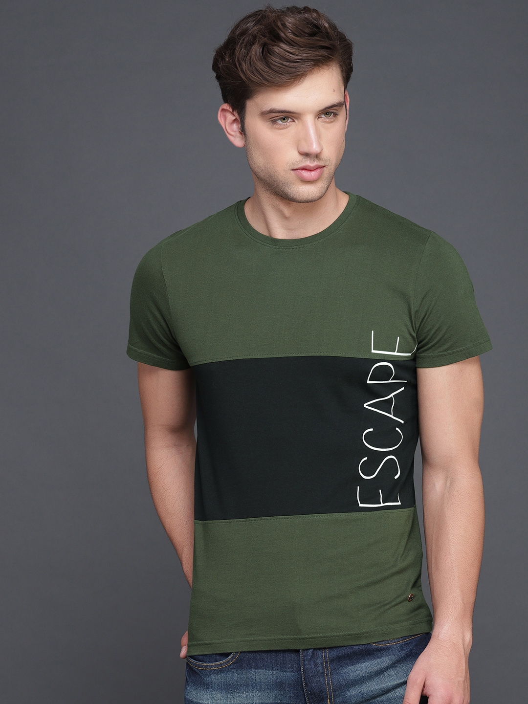 Buy WROGN Men Olive Green Colourblocked Round Neck T Shirt - Tshirts ...