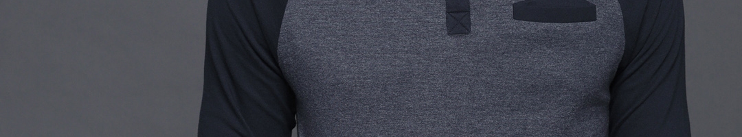 Buy WROGN Men Navy Blue Colourblocked Henley Neck T Shirt - Tshirts for ...
