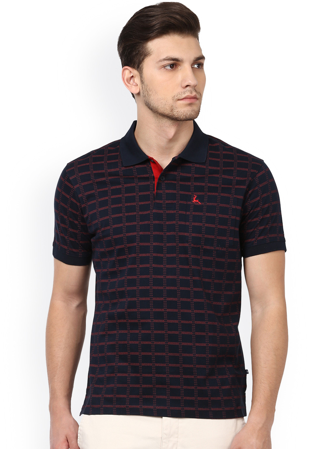 Buy Parx Men Navy Blue Checked Polo Collar Pure Cotton T Shirt ...