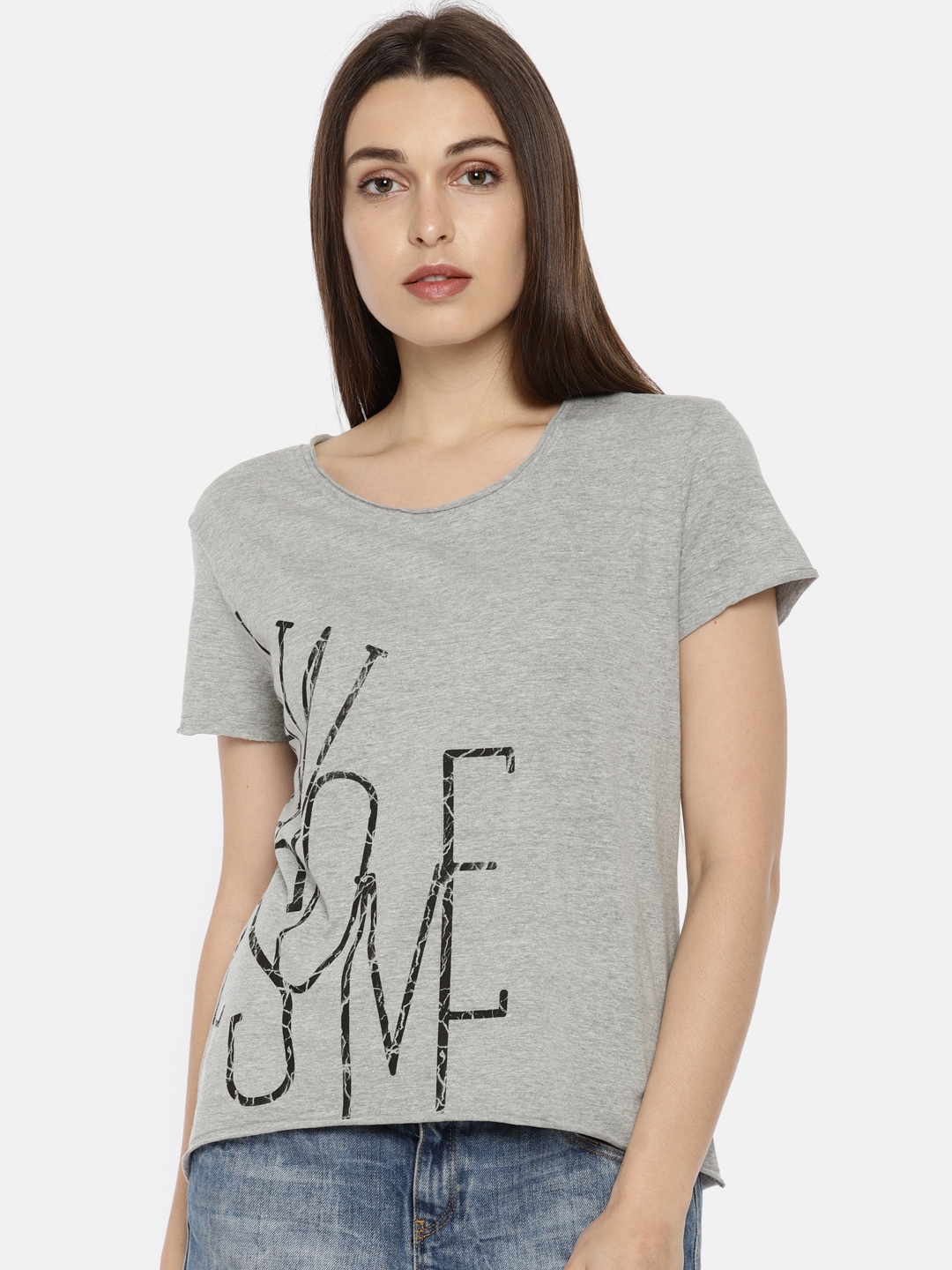 Download Buy People Women Grey Melange Printed Round Neck T Shirt ...