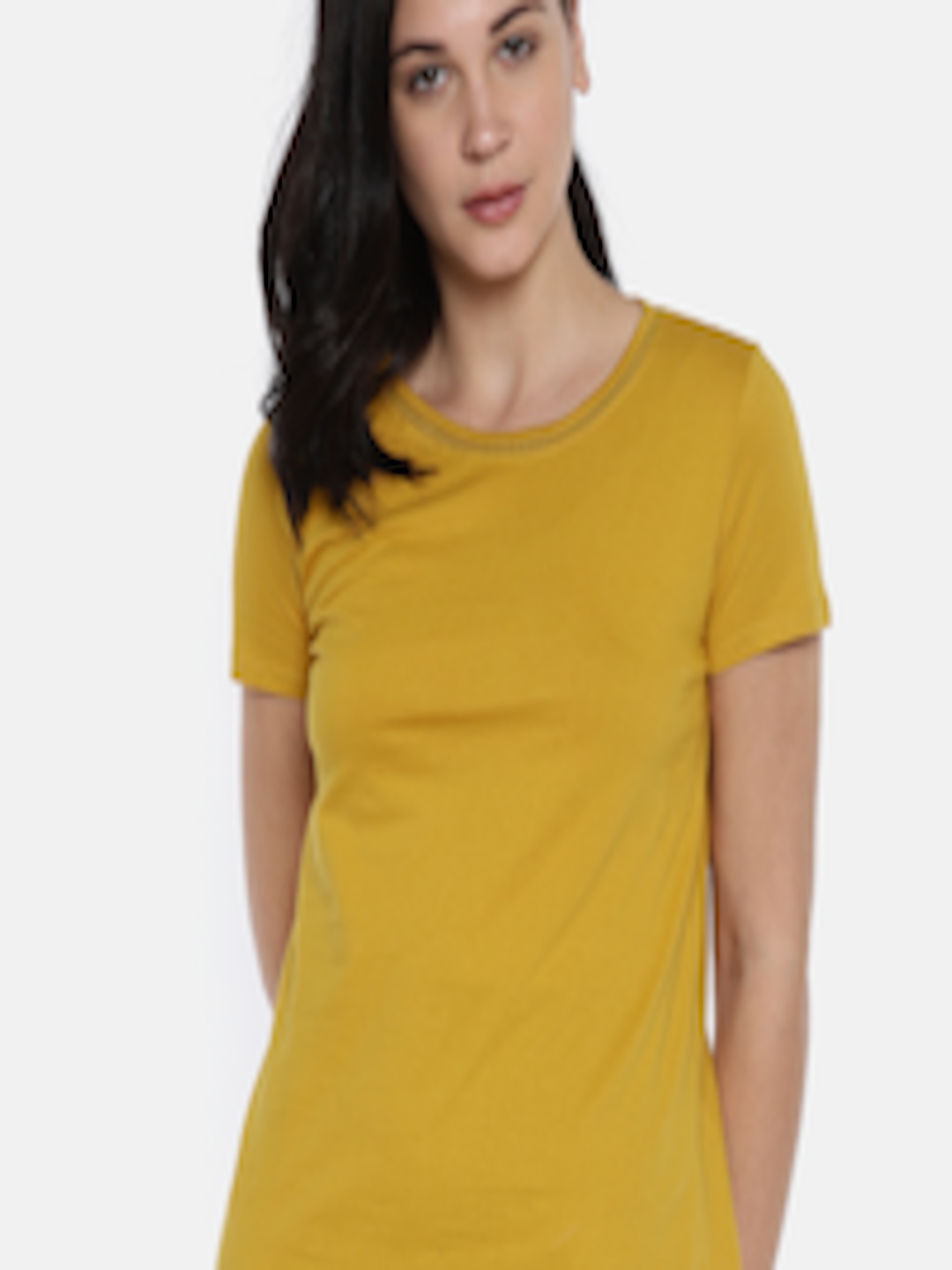 Buy People Women Mustard Yellow Solid Round Neck Pure Cotton T Shirt ...