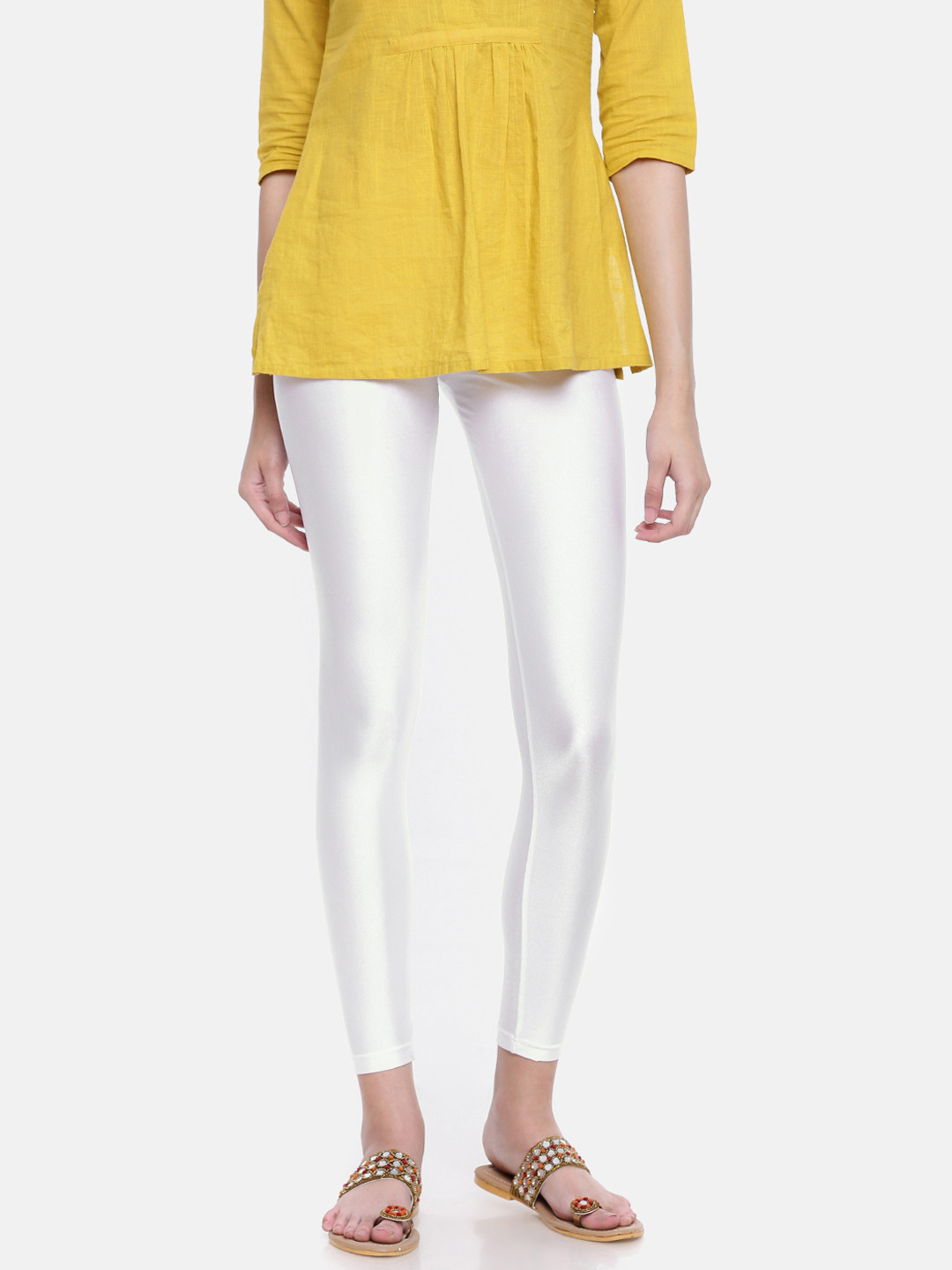 Buy Go Colors Women White Solid Skinny Fit Shimmer Ankle Length