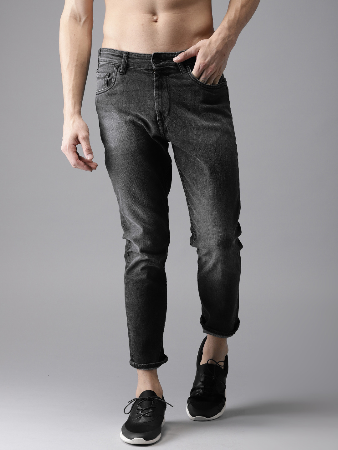 Buy HERE&NOW Men Charcoal Grey Slim Fit Mid Rise Clean Look Stretchable ...