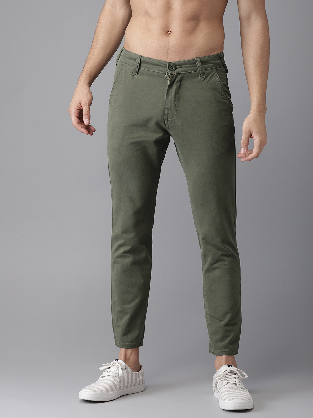 Buy HERE&NOW Men Olive Green Slim Fit Solid Cropped Chinos - Trousers ...