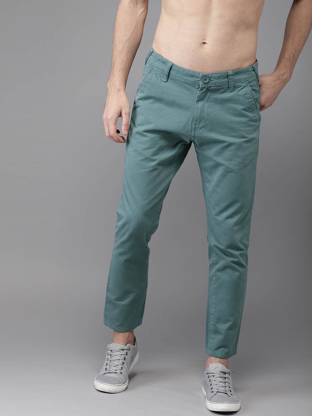 Buy HERE&NOW Men Teal Blue Slim Fit Solid Cropped Chinos - Trousers for Men 4893202 | Myntra