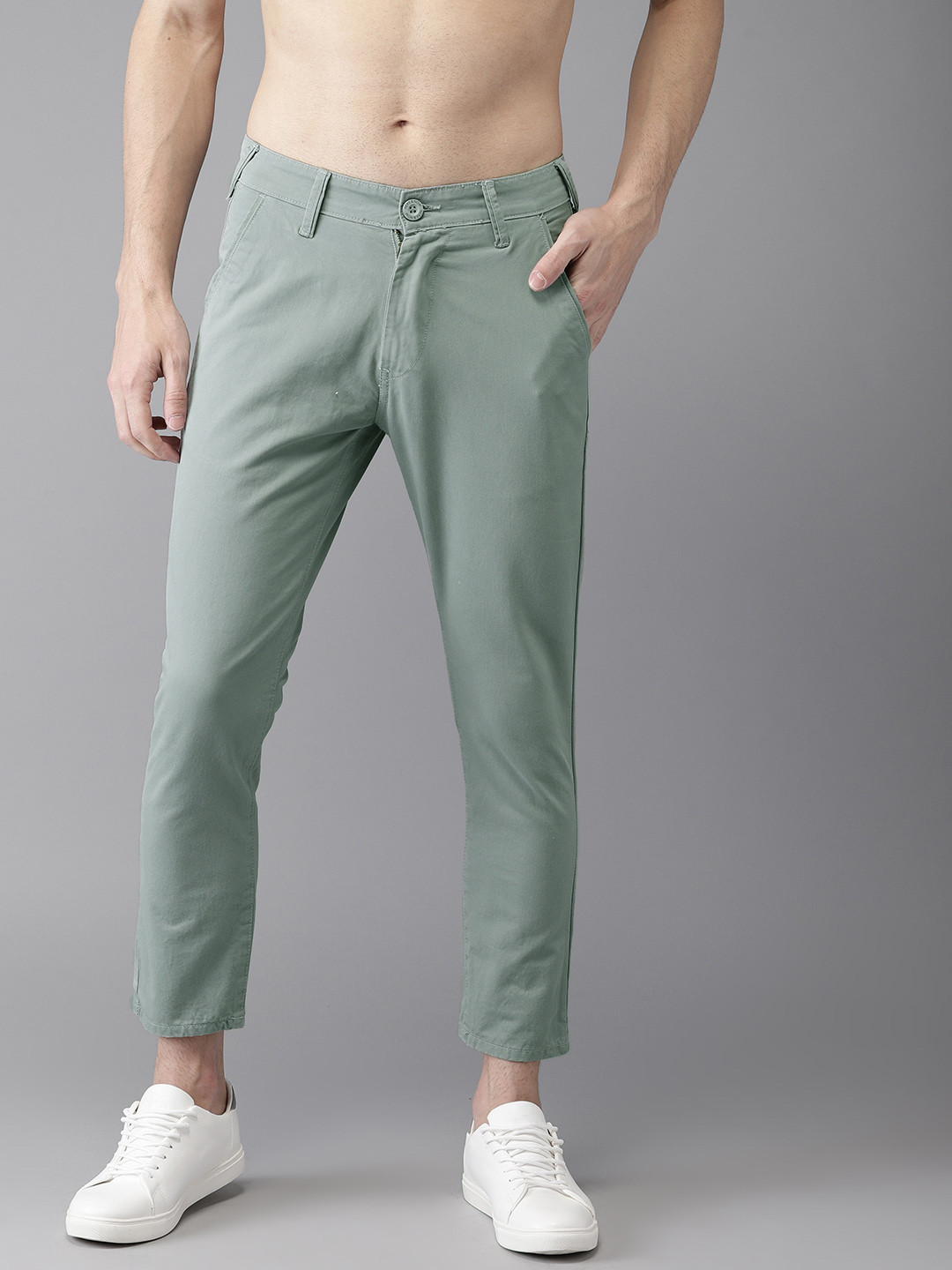 Buy HERE&NOW Men Grey Slim Fit Solid Cropped Chinos - Trousers for Men ...