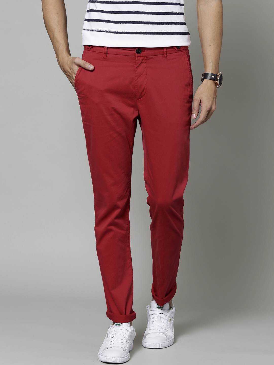 red tapered pants