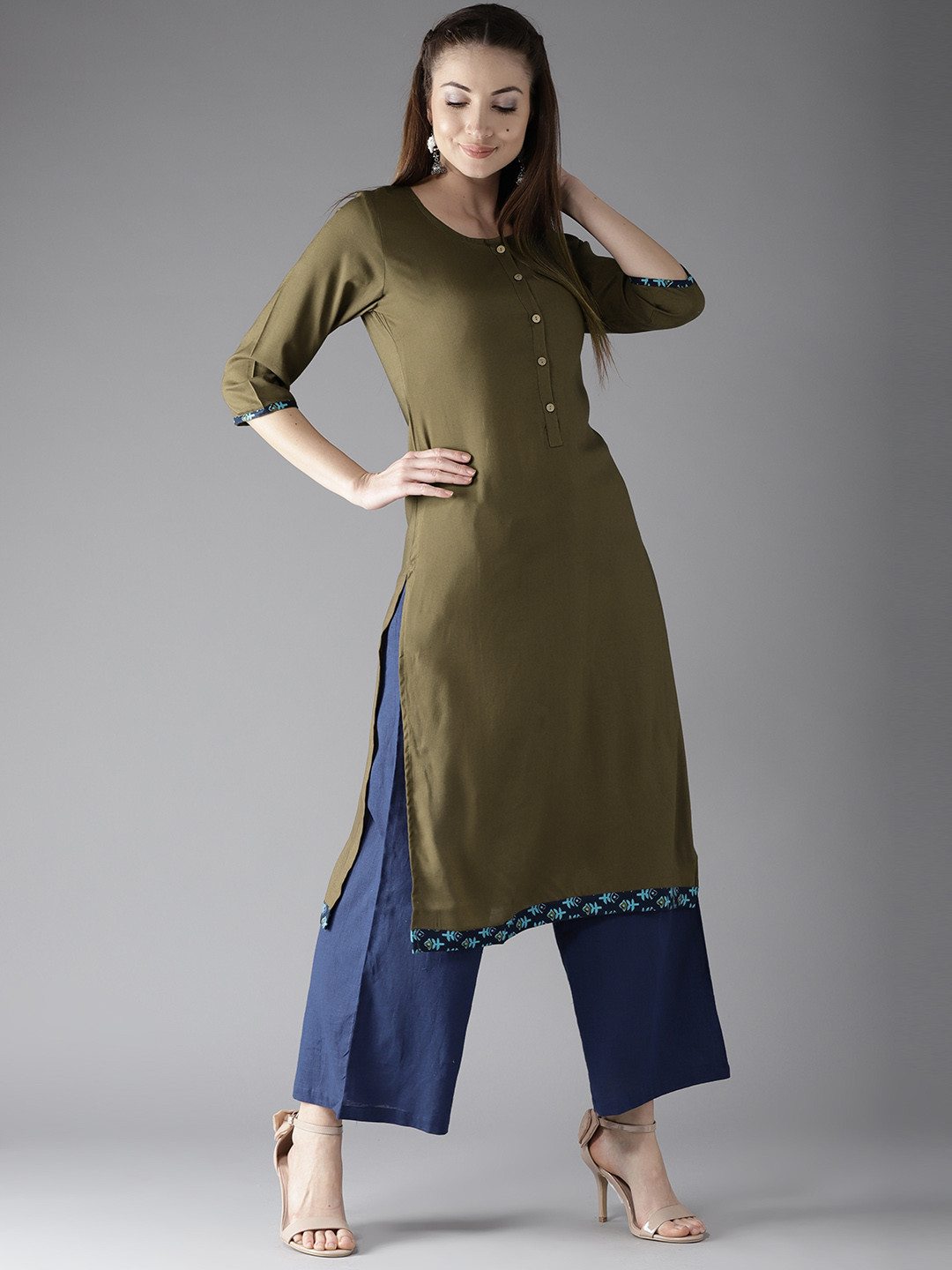 Buy HERE&NOW Women Olive Green Solid Straight Kurta Kurtas for Women