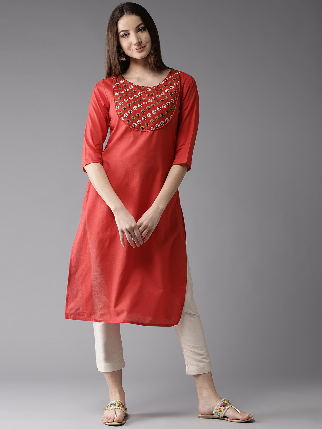 Buy HERE&NOW Women Red Yoke Design Straight Kurta Kurtas for Women