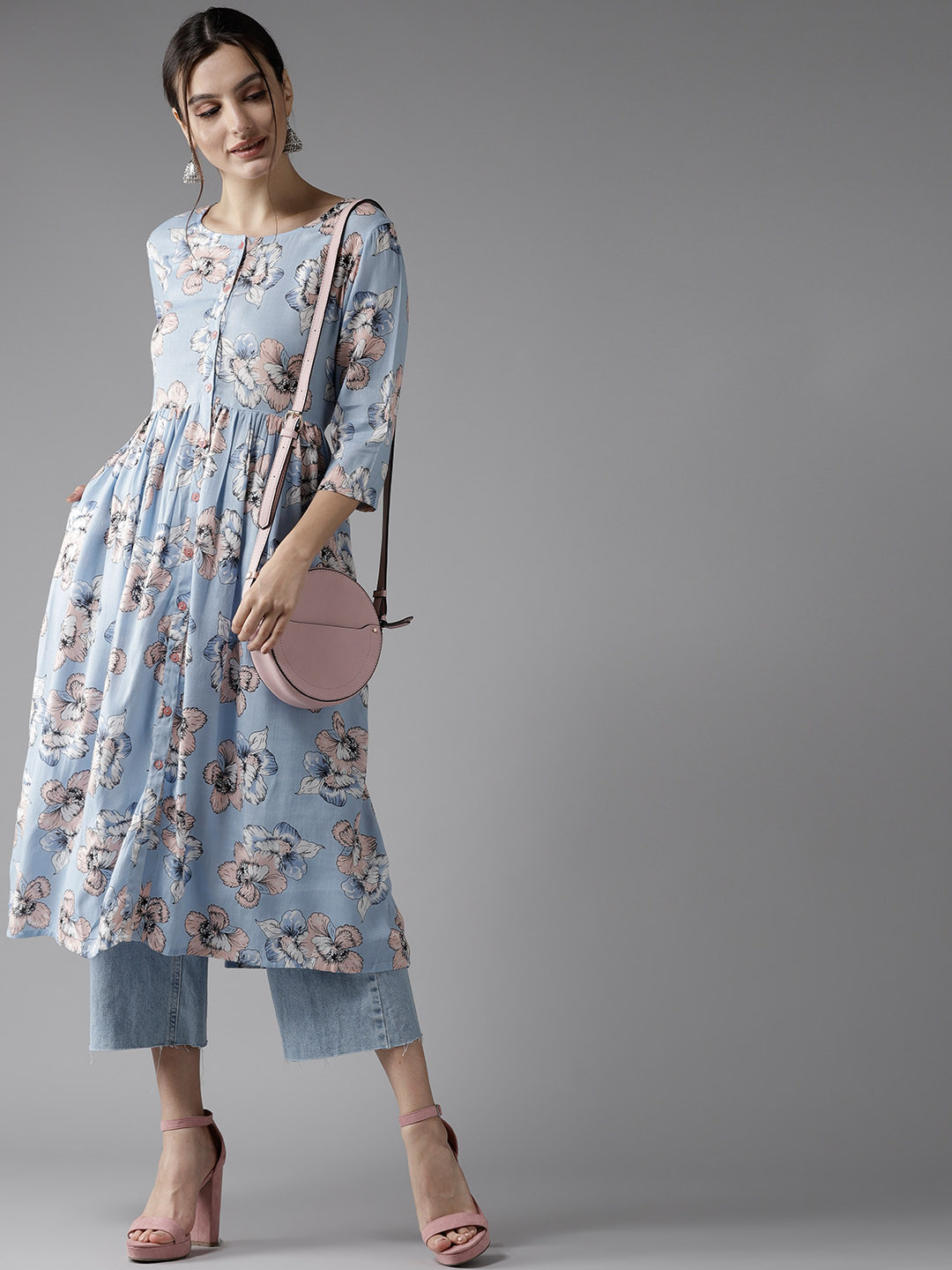 Blue, White Floral Print Women'S Kurta