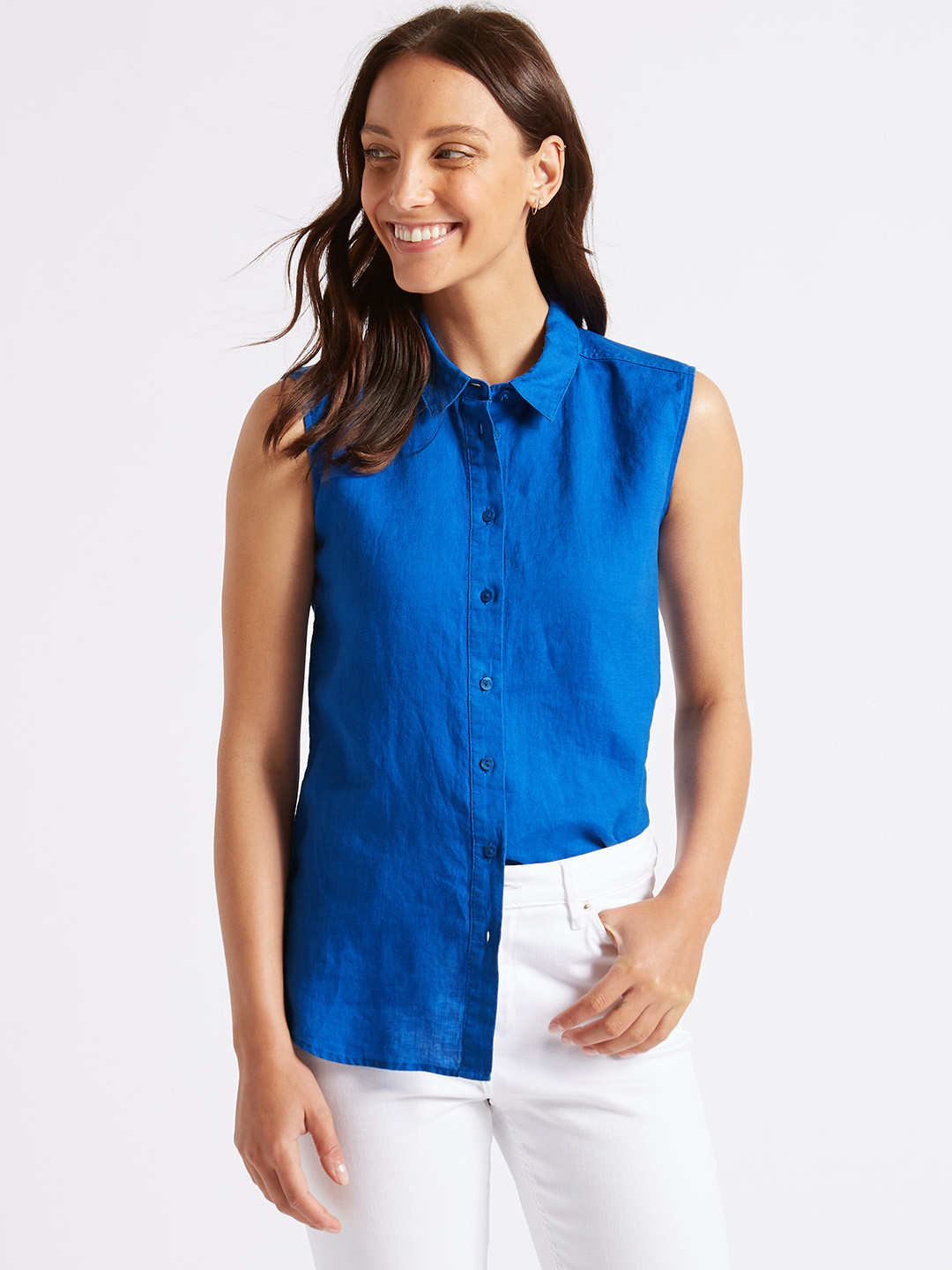 Buy Marks & Spencer Women Blue Regular Fit Solid Linen Casual Shirt