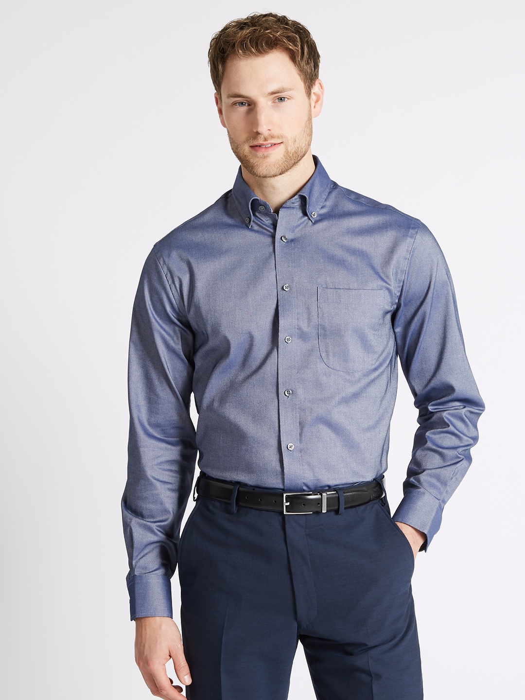 Buy Marks & Spencer Men Navy Blue Regular Fit Solid Formal Shirt ...