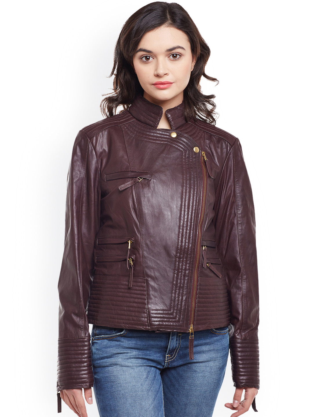 Buy BARESKIN Women Burgundy Solid Lightweight Leather Jacket Jackets