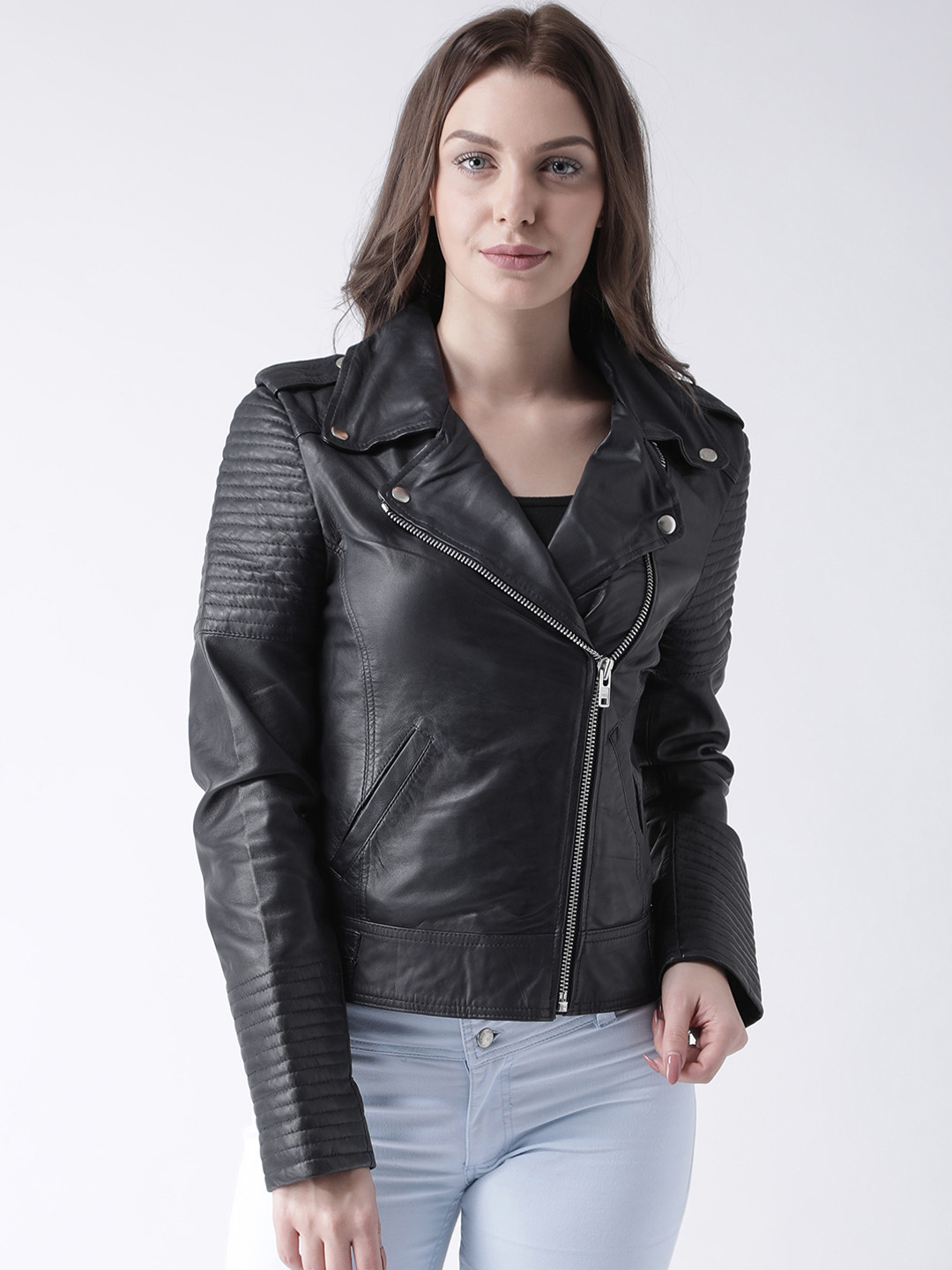 Buy BARESKIN Women Black Solid Lightweight Leather Jacket Jackets for