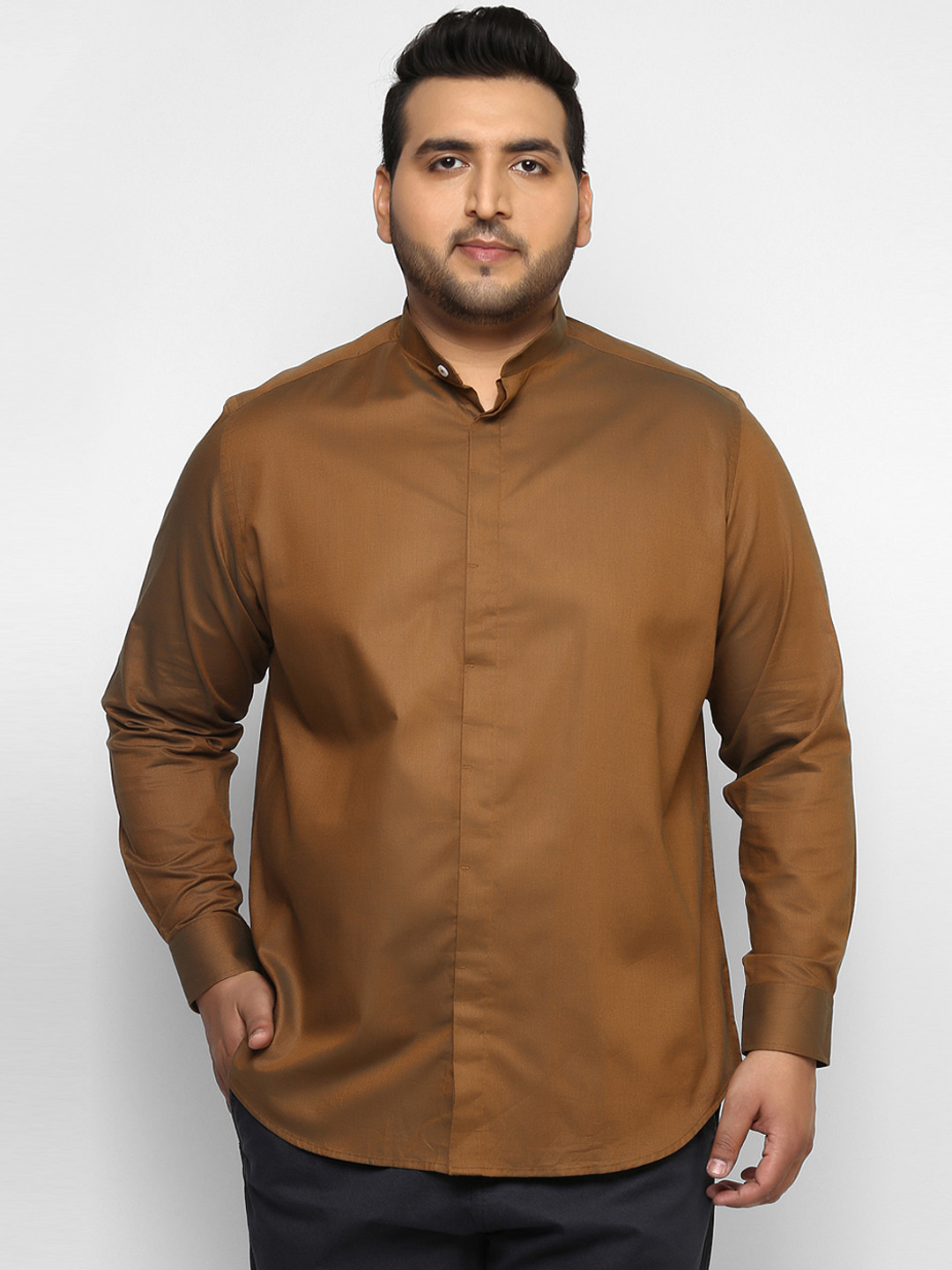 Buy ALL Plus Size Men Mustard Brown Regular Fit Solid Smart Casual
