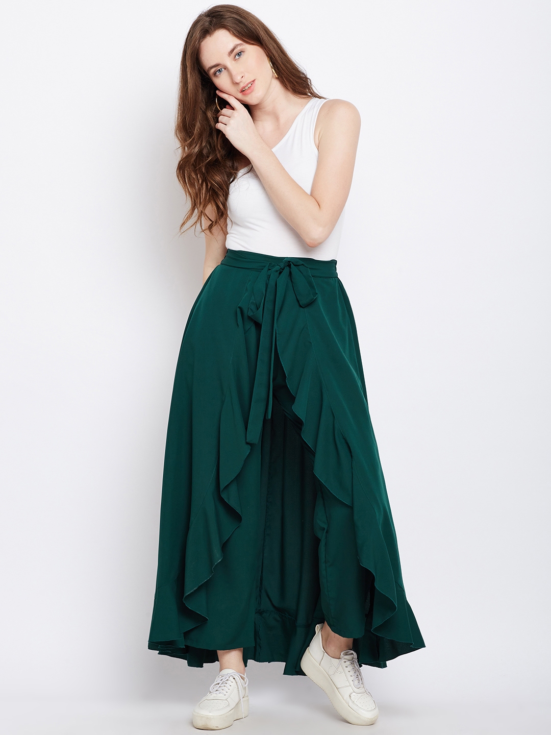 Buy Berrylush Green Ruffled Flared Maxi Skirt With Attached Trousers ...