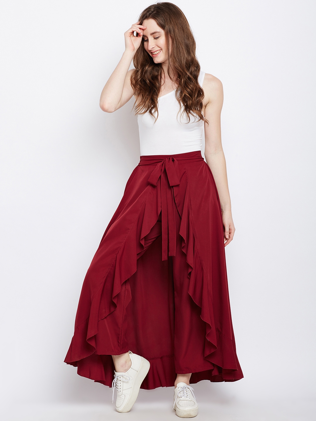 Buy Berrylush Maroon Ruffled Flared Maxi Skirt With Attached Trousers ...