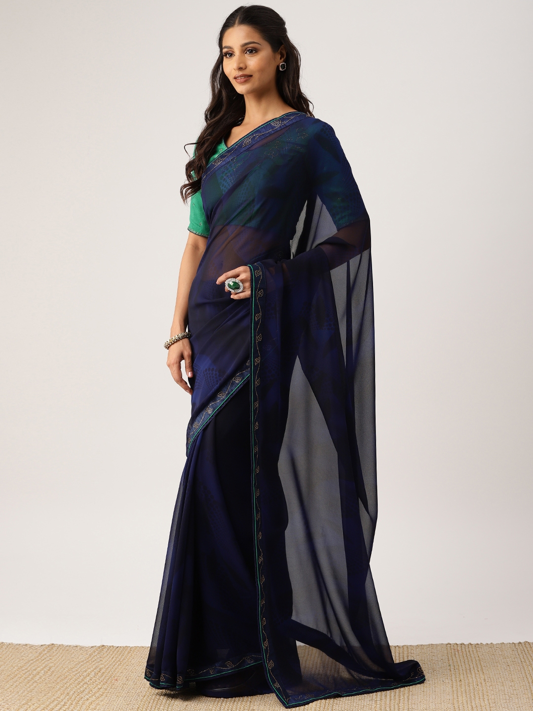 Buy Drape Stories Navy Blue Printed Poly Georgette Saree - Sarees for ...
