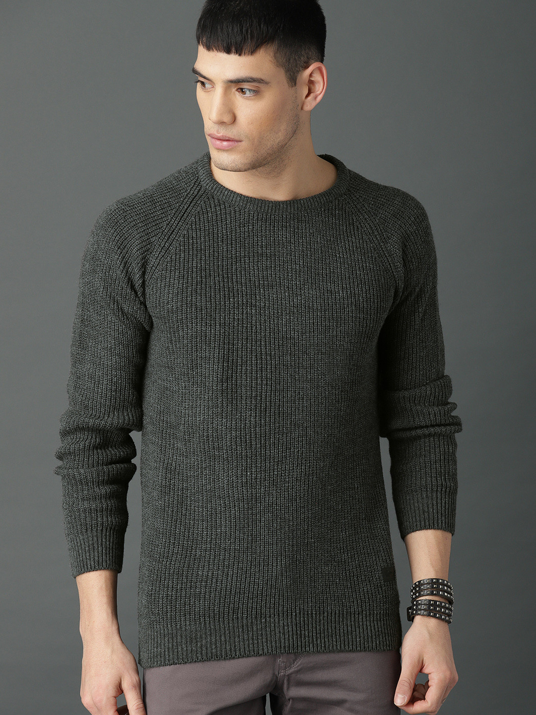 Buy Roadster Men Charcoal Self Design Pullover - Sweaters for Men ...