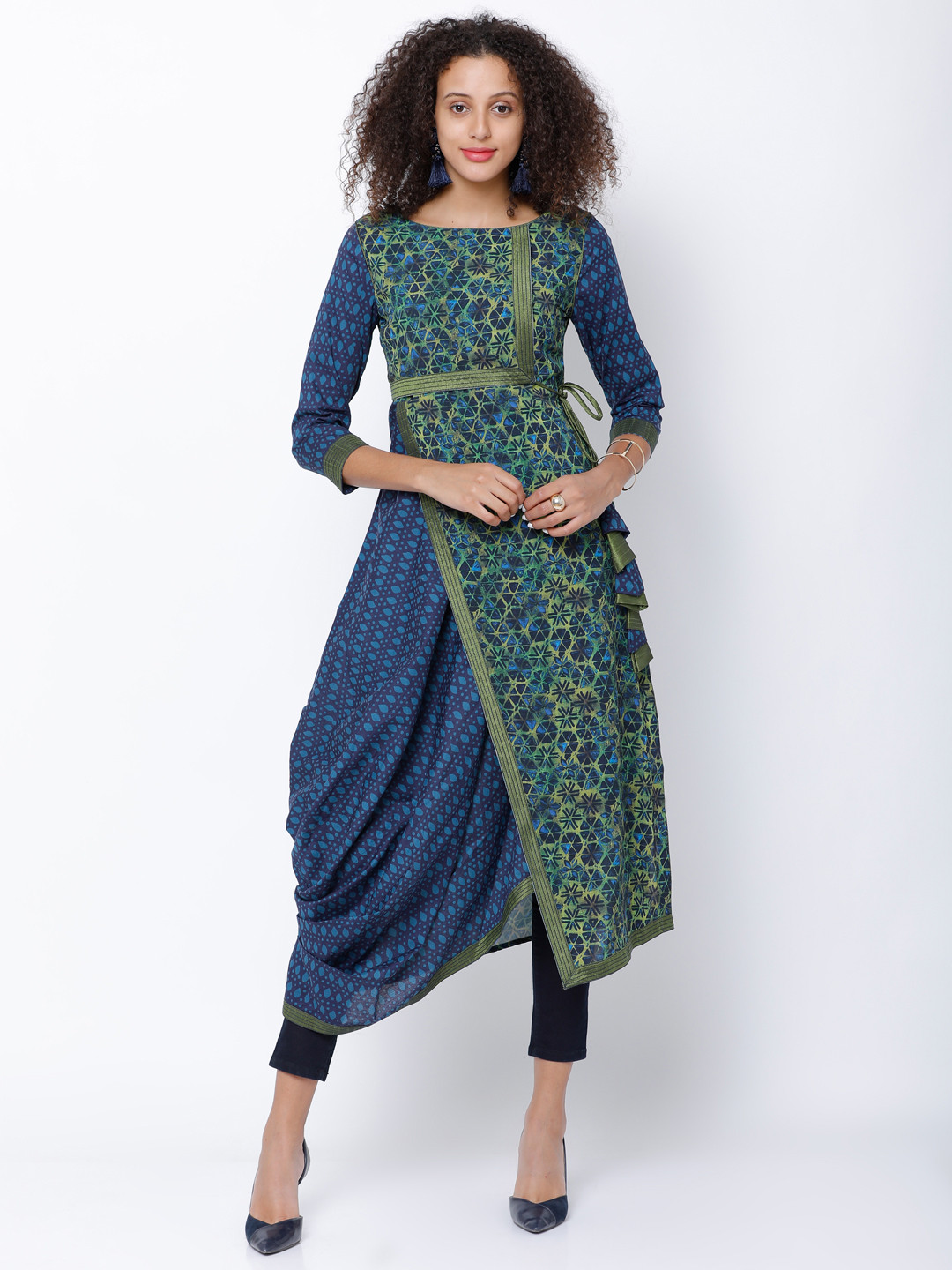 Women Green Velvet Printed Asymmetric Kurta
