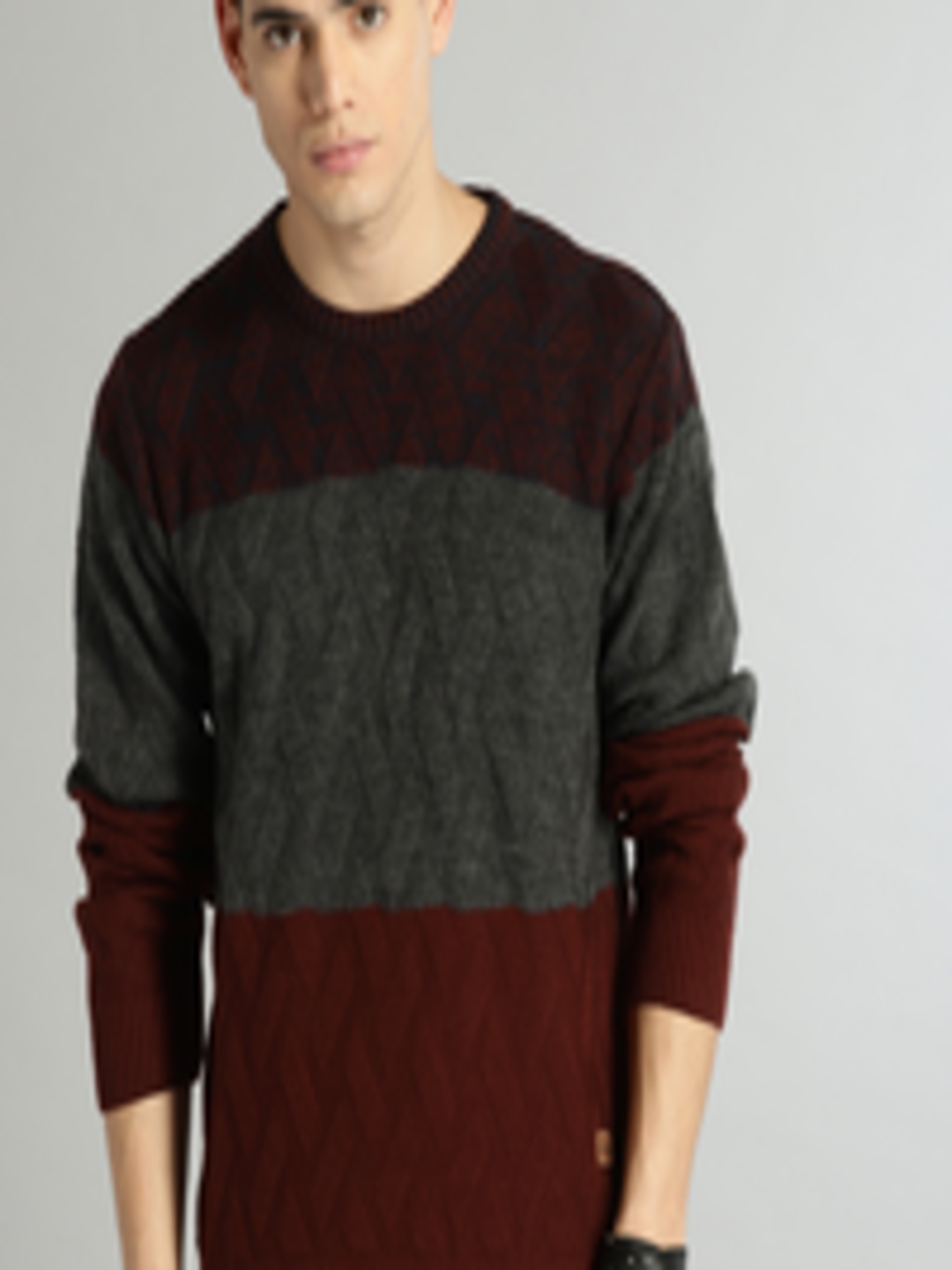 Buy Roadster Men Grey & Maroon Colourblocked Pullover - Sweaters for ...