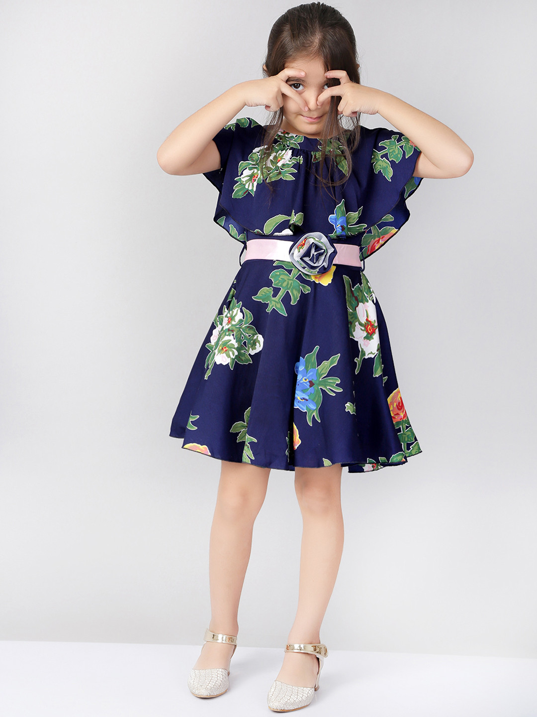 Girls Navy Blue Printed Dress