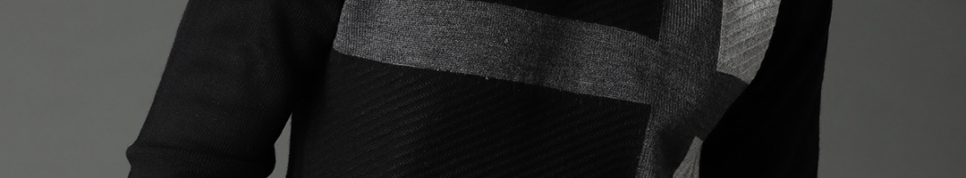 Buy Roadster Men Black & Grey Self Striped Sweater - Sweaters for Men ...