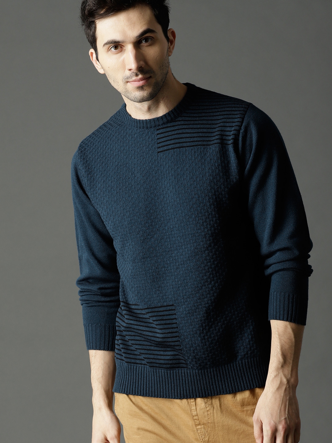 Buy Roadster Men Teal Blue Self Design Pullover - Sweaters for Men ...