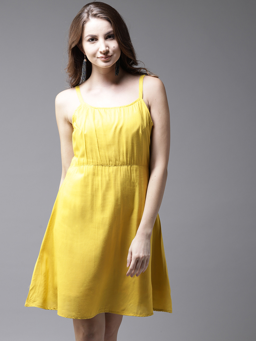 Buy HERE&NOW Women Mustard Yellow Solid Fit And Flare Dress Dresses