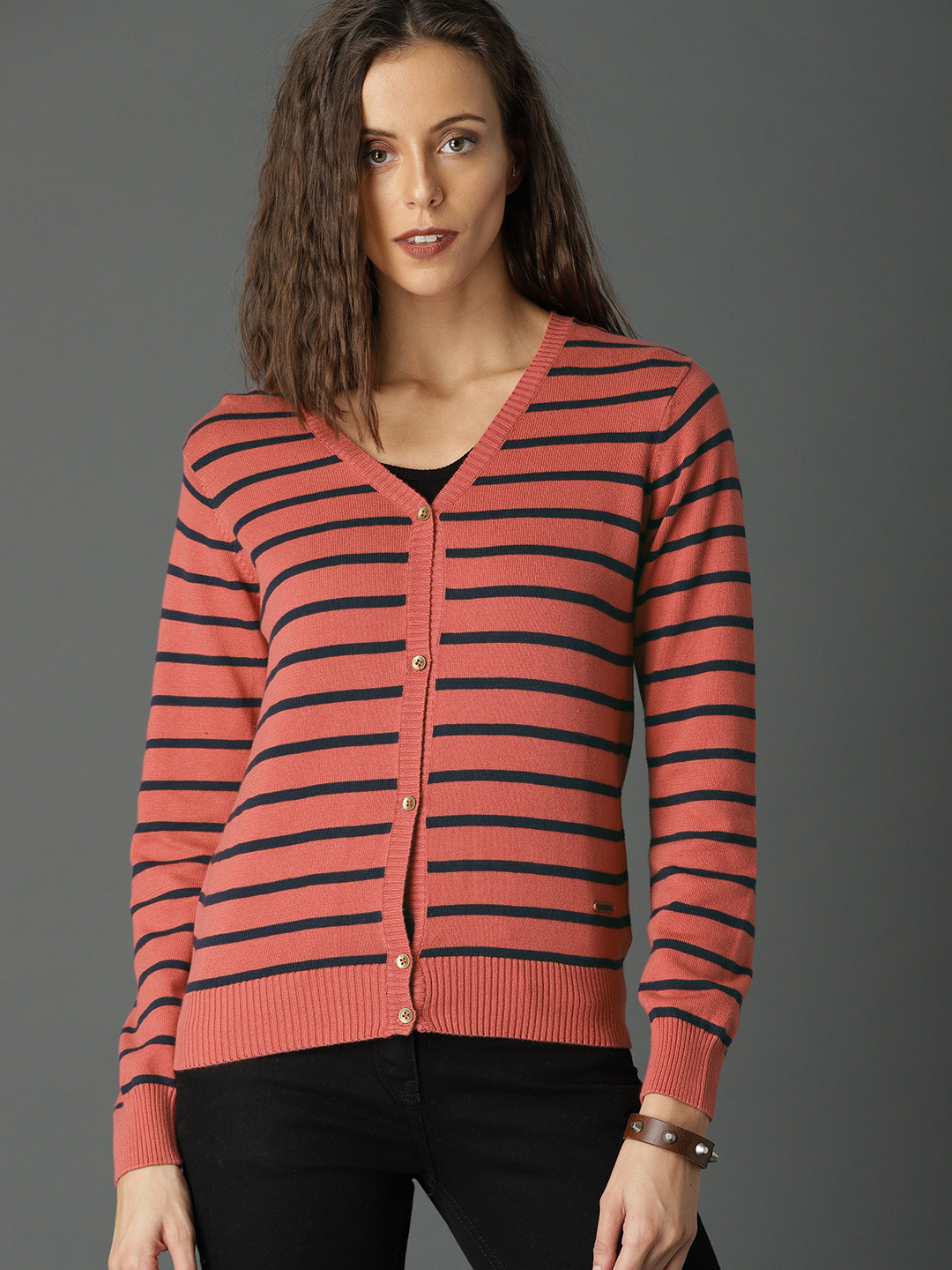 Buy Roadster Women Red & Blue Striped Cardigan Sweaters for Women