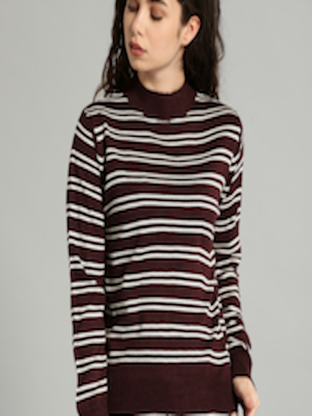 Buy Roadster Women Burgundy & White Striped Pullover - Sweaters for ...