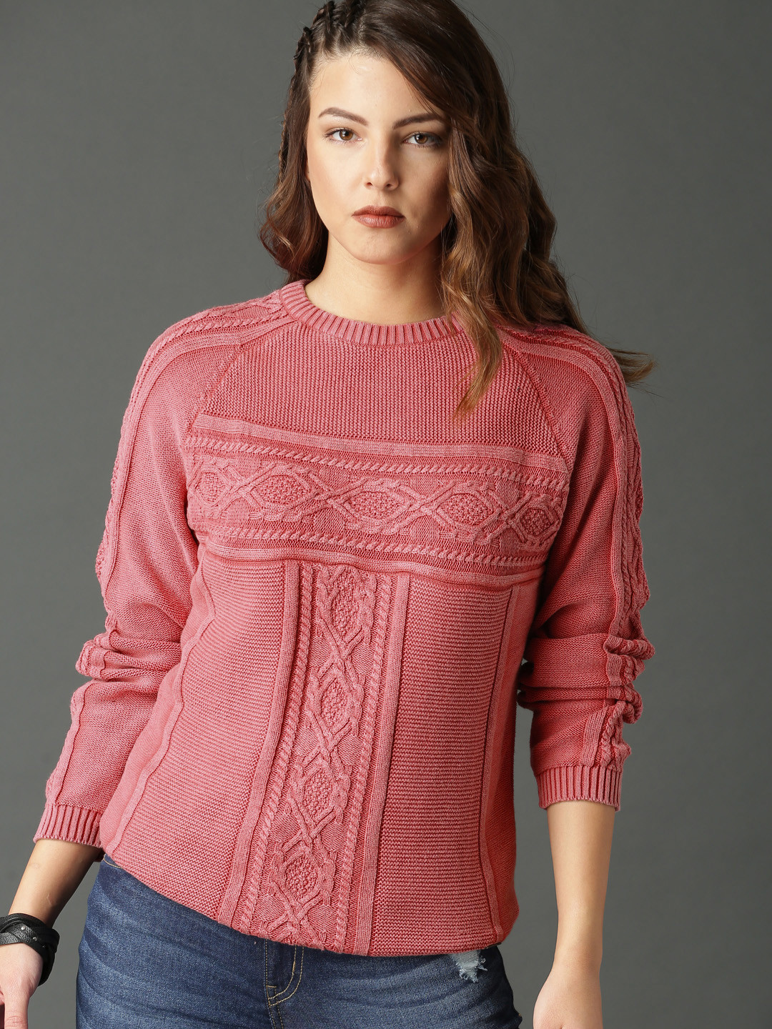 Buy Roadster Women Pink Self Design Pullover Sweaters for Women