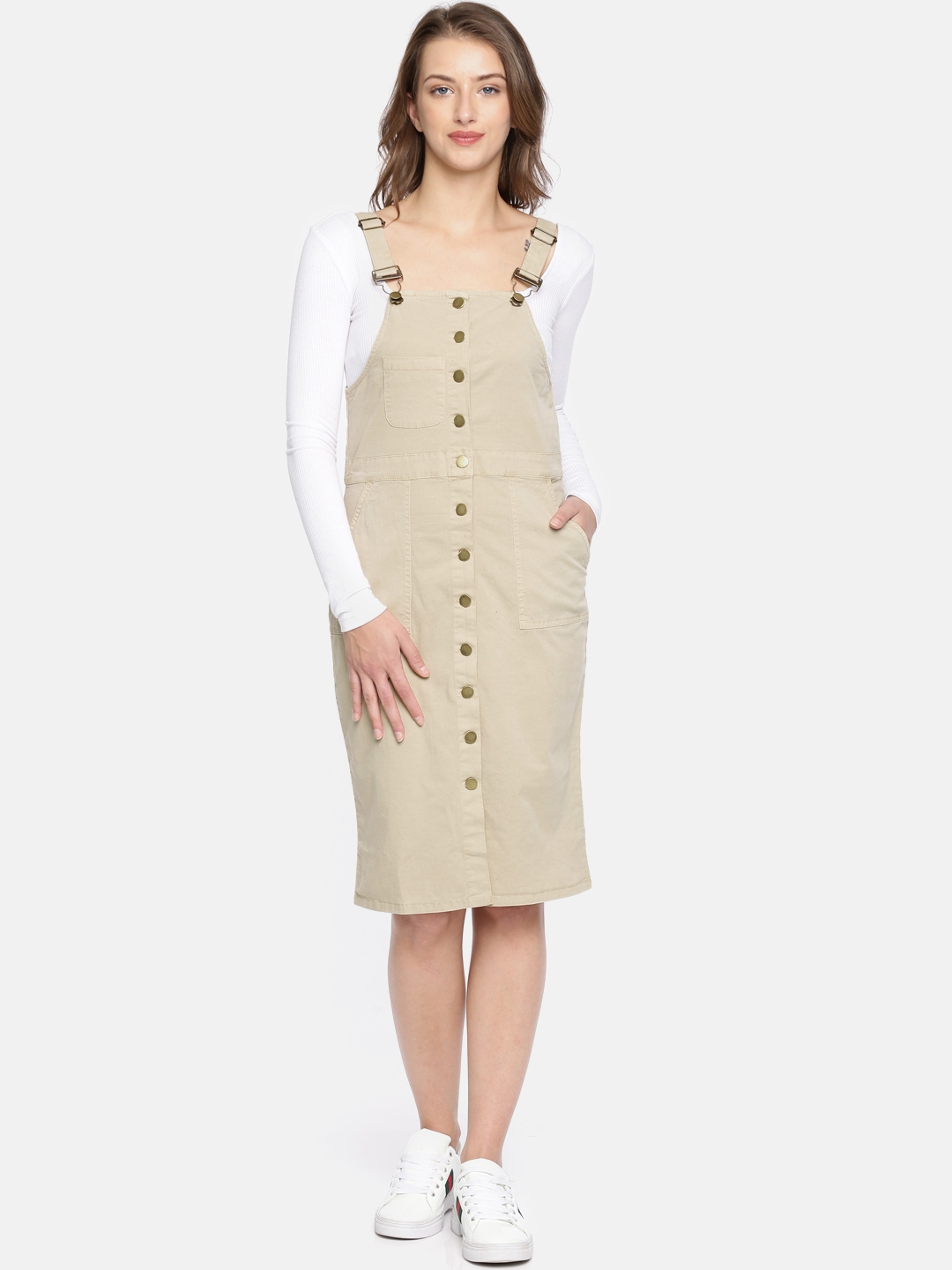 beige pinafore dress