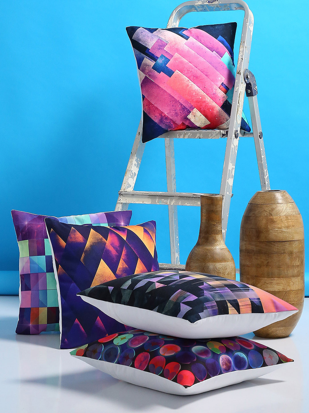 Buy Alina Decor Multicoloured Set Of 5 Geometric Square Cushion Covers