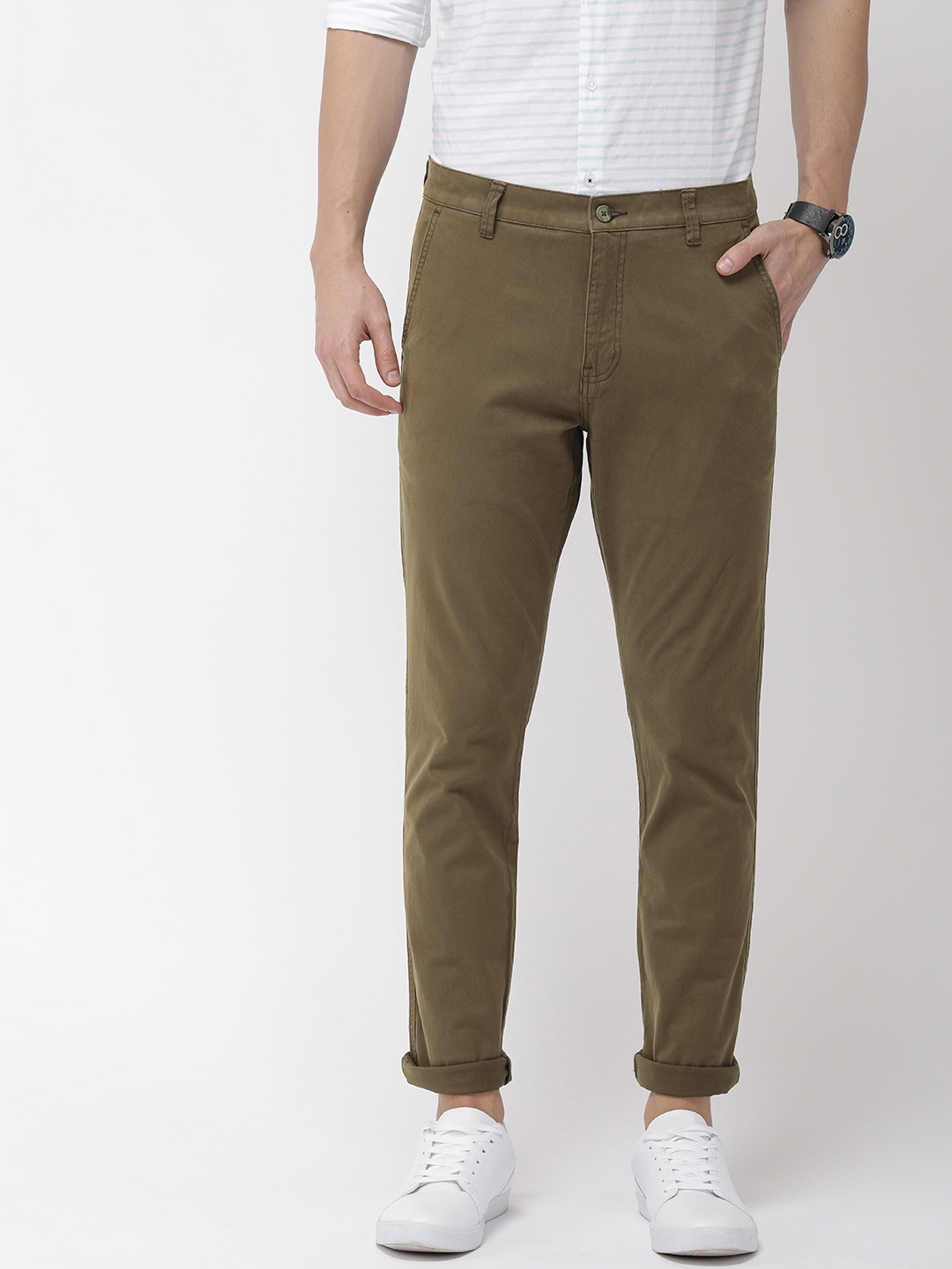 Buy HIGHLANDER Men Olive Green Slim Fit Solid Regular Trousers ...