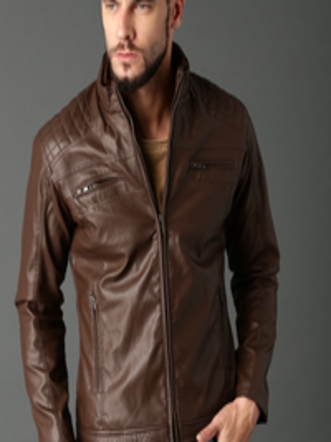 Buy Roadster Brown Solid Biker Jacket - Jackets for Men 5388194 | Myntra