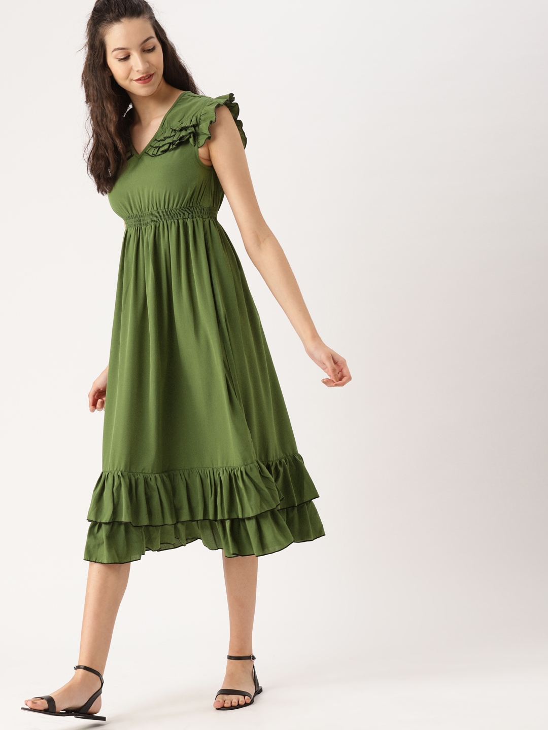 Buy DressBerry Women Olive Green Solid Midi Dress - Dresses for Women ...