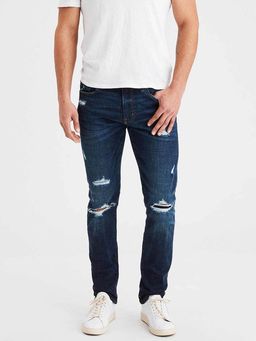 Buy AMERICAN EAGLE OUTFITTERS Men Navy Blue Slim Fit Mid Rise Mildly Distressed Stretchable