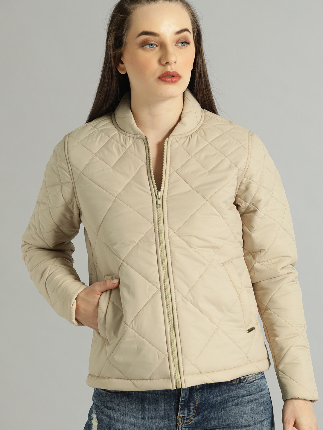 Buy Roadster Women Beige Solid Quilted Jacket Jackets for Women